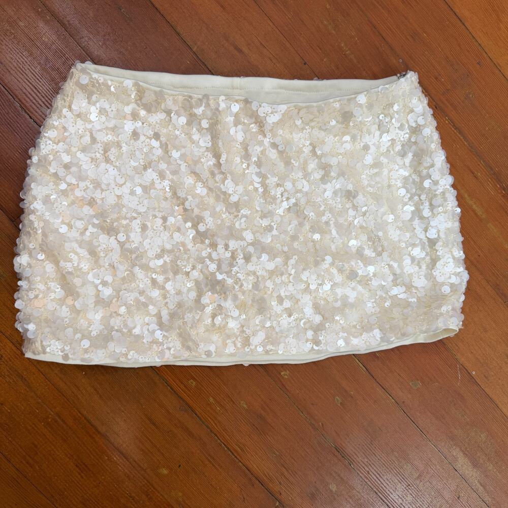 Y2K Ivory Pearl Matte Sequin Kick Short Lined Sparkle Party Mini Skirt S